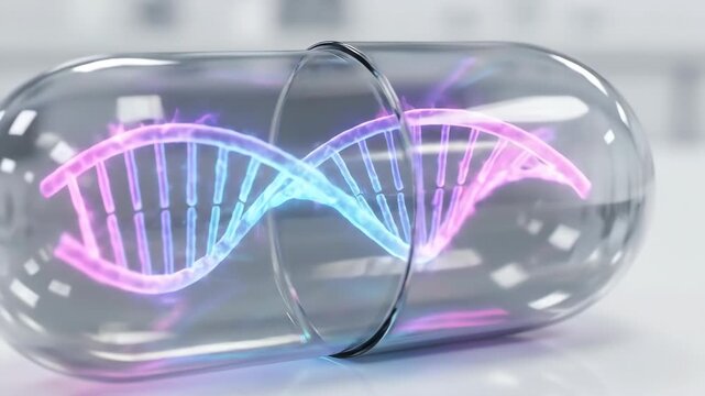 Transparent capsule opening to reveal glowing dna double helix inside. Biotech pill animation showing genetic structure emerging on white surface. Molecular biology and pharmaceutical innovation
