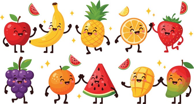 Cute tropical fruit cartoon characters apple banana pineapple orange strawberry grape mango watermelon kawaii food vector illustration set