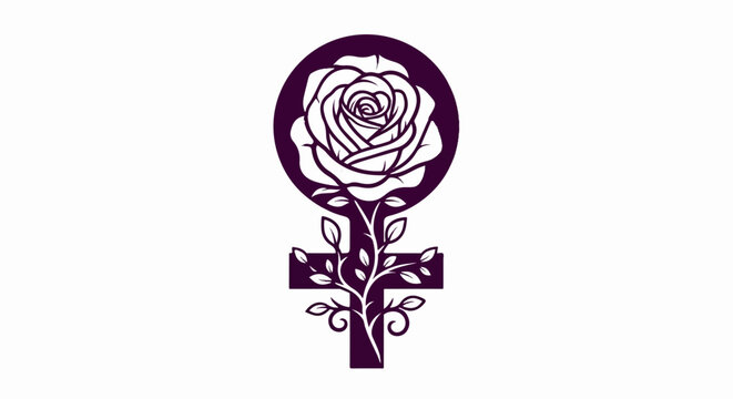 A stylized female symbol intertwined with a rose and vines