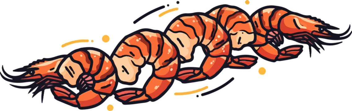 A line of stylized, orange shrimp with dark outlines and white spots, moving right