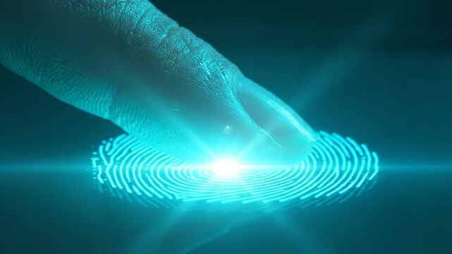 Finger approaching digital fingerprint scanner. Blue glowing biometric scan activation sequence. Holographic security verification process for authentication technology.