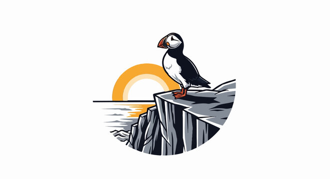 A puffin stands on a cliff overlooking the ocean at sunset