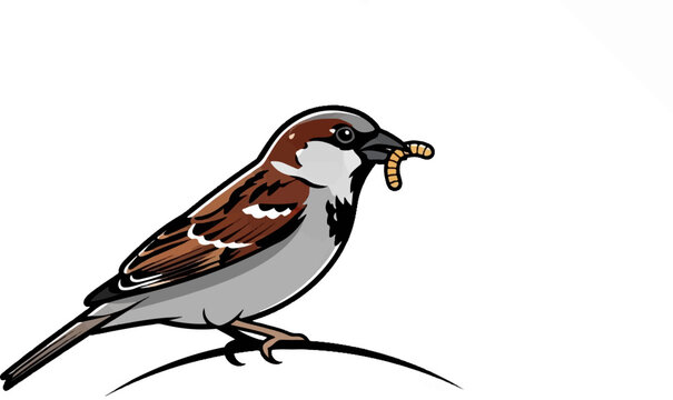 A small bird with brown and white feathers holds a grub in its beak while perched