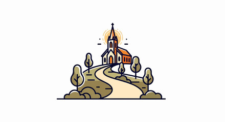 Obraz premium A stylized, minimalist depiction of a church on a hill with a winding path and trees under a radiating sun