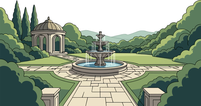Elegant garden with tiered fountain and classical gazebo surrounded by lush greenery