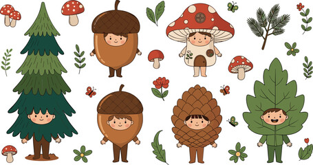 Cute woodland kids characters with pine tree acorn pinecone leaf and mushroom costumes kawaii autumn forest cartoon vector set © Sumon Creative