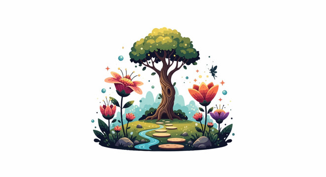 Enchanted garden with tree, flowers, stream, stepping stones, and a tiny fairy