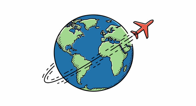 Hand-drawn plane circles the globe with dashed flight paths, illustrating global travel