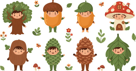 Cute woodland kids characters with tree acorn pinecone leaf mushroom costumes kawaii forest autumn cartoon vector illustration set © Sumon Creative