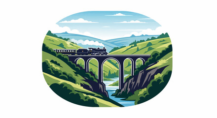 A vintage steam train crosses a grand viaduct over a scenic river valley © Dila