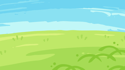 絵の具で描いたような和風な雰囲気のある草原と空の背景イラスト_16:9 © ふわぷか