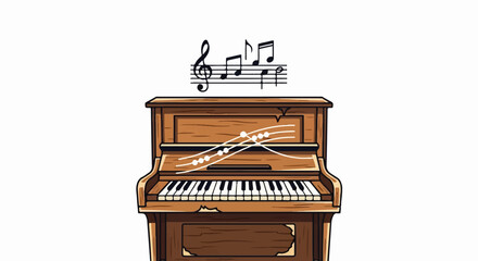 A vintage upright piano with sheet music above, and musical notes on wavy lines © Dila