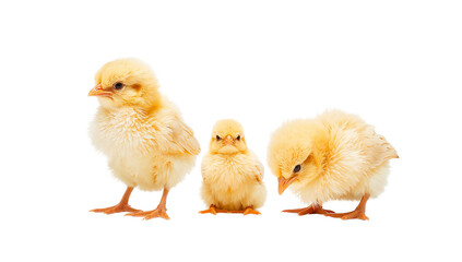 Fototapeta premium Three fluffy yellow chicks standing together on a white background, symbolizing new life and spring