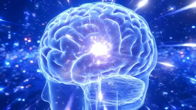 Human head silhouette with glowing brain and energy beams emanating outwards for cognitive function and intellect