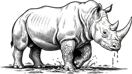 Fototapeta premium Detailed ink drawing of a rhinoceros walking through water with splashing droplets