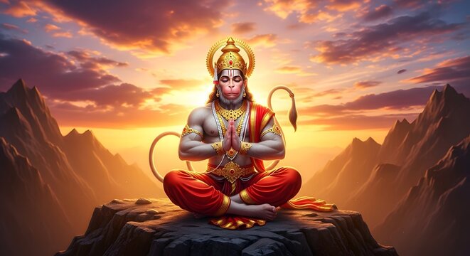 Divine Hanuman Meditating at Sunset in Majestic Mountain Landscape