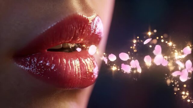Woman exhaling pink cherry blossom petals from her lips. Magical breath with sparkling flowers emerging. Fantasy beauty and nature inspired animation concept.