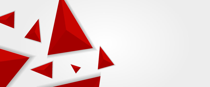 Abstract 3D Red Triangles and Pyramids Floating on White Background, Modern Geometric Low Poly Vector Illustration for Business Header, Tech Web Banner, and Graphic Design