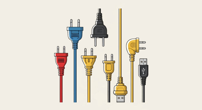 Diverse electrical plugs and a USB connector rendered in a flat, line-art style on a neutral background