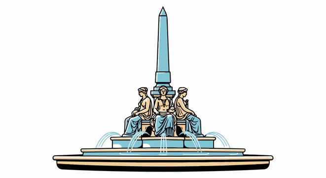 Ornate classical fountain with three seated figures and a tall obelisk, water cascading