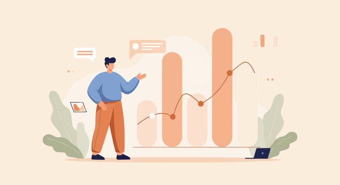 Flat illustration of a man presenting a bar graph and line chart