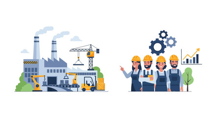 Naklejka premium Industrial Production & Workforce: Factory Automation, Logistics, Teamwork, and Business Growth Illustration