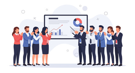 Obraz premium Business team applauding during a presentation with charts on a whiteboard.