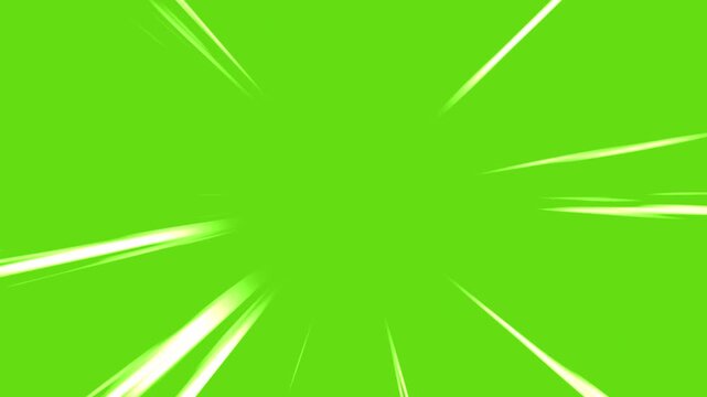 Fast speed lines isolated on green screen background. Comic anime speed line motion in cartoon concept. Action speed lines animation. Radial dynamic comic light speed lines in flash action concept.
