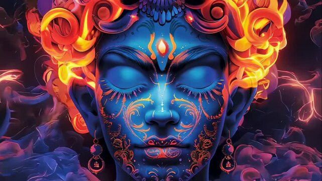 Indian goddess with glowing blue skin and fiery hair. Divine entity radiating spiritual energy. Traditional indian culture concept for mythology and art display.
