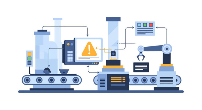 Automated Factory Production Line with Robotic Arm and Error Alert System - Industrial Automation & Smart Manufacturing Process