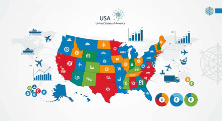 Interactive infographic depicting the US map with state icons, transportation, and financial symbols