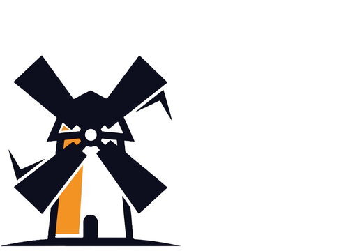 Stylized dark windmill with orange accents and dark sails on a white background