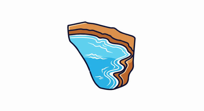 Stylized depiction of a body of water nestled within earthy brown terrain