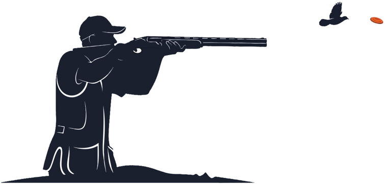 Silhouette of a person aiming a shotgun at a flying clay pigeon and bird