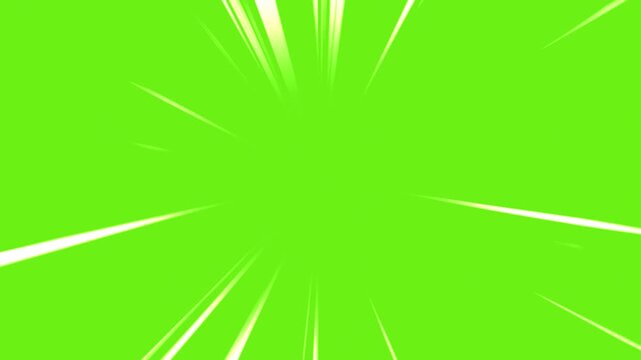 Fast speed lines isolated on green screen background. Comic anime speed line motion in cartoon concept. Action speed lines animation. Radial dynamic comic light speed lines in flash action concept.