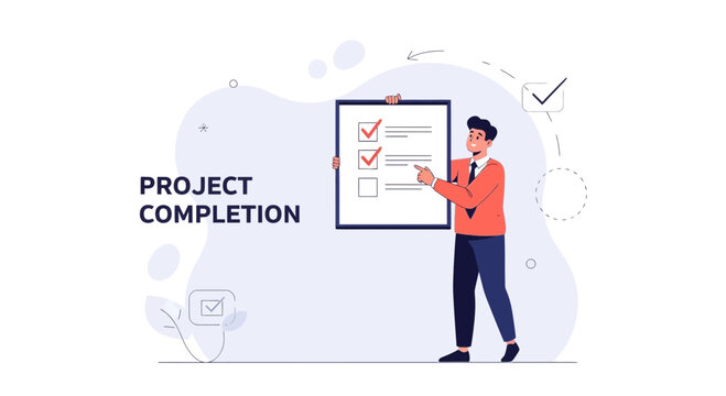 Businessman checking off tasks on a project completion checklist, successful project management concept