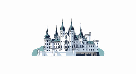 Obraz premium Ornate white palace with multiple spires, turrets, and arched windows, set against a plain background