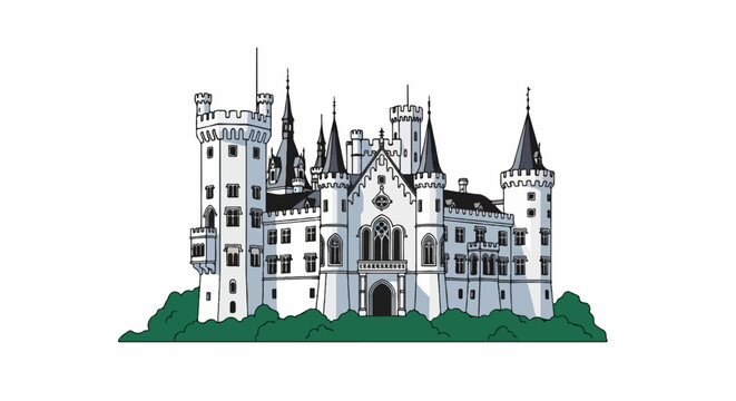 Ornate white castle with multiple turrets and spires, surrounded by green foliage