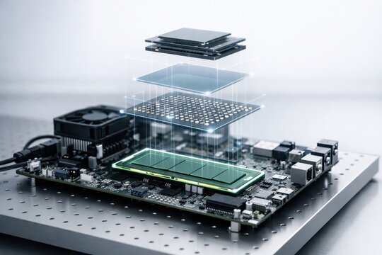 Exploded view of modern computer processor architecture above motherboard showing layered semiconductor chip structure and advanced computing technology