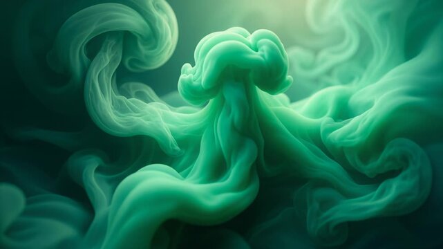 Green smoke slowly swirling and spreading in a liquid, creating an abstract and dynamic pattern