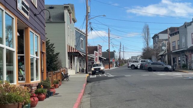 View down Main street in Coupville, Washington. Coupville is a rural tourist destination on Whidbey Island in the Pacific Northwest.
