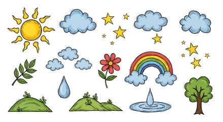 Fototapeta premium A vibrant scene of a sunny day with clouds, stars, and a rainbow over hills, a tree, and a flower with a water droplet and fountain.