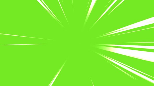 Fast speed lines isolated on green screen background. Comic anime speed line motion in cartoon concept. Action speed lines animation. Radial dynamic comic light speed lines in flash action concept.