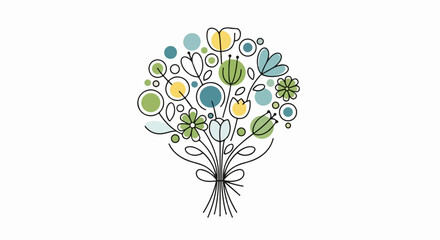 Whimsical outline bouquet of stylized flowers and circles in pastel colors