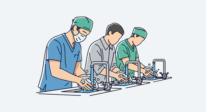 Three individuals wash their hands at separate sinks with running water and soap