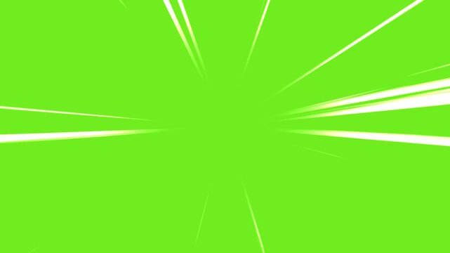 Fast speed lines isolated on green screen background. Comic anime speed line motion in cartoon concept. Action speed lines animation. Radial dynamic comic light speed lines in flash action concept.