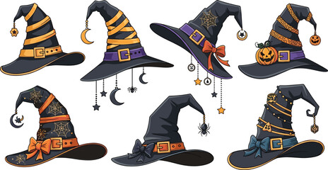 Halloween witch hats collection with pumpkins spiders stars moon spooky magic costume accessory cartoon vector illustration set © Sumon Creative