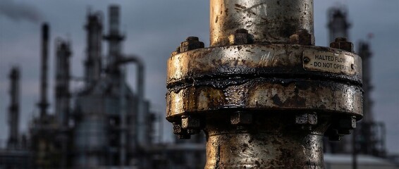Fototapeta premium Industrial pipe close-up with machinery background in oil refinery 