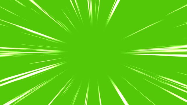 Fast speed lines isolated on green screen background. Comic anime speed line motion in cartoon concept. Action speed lines animation. Radial dynamic comic light speed lines in flash action concept.