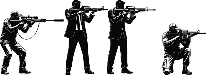 Men holding rifles in various shooting stances, sniper and tactical positions, black silhouette vector illustration, weapon posture artwork, military security design © MstShanaz